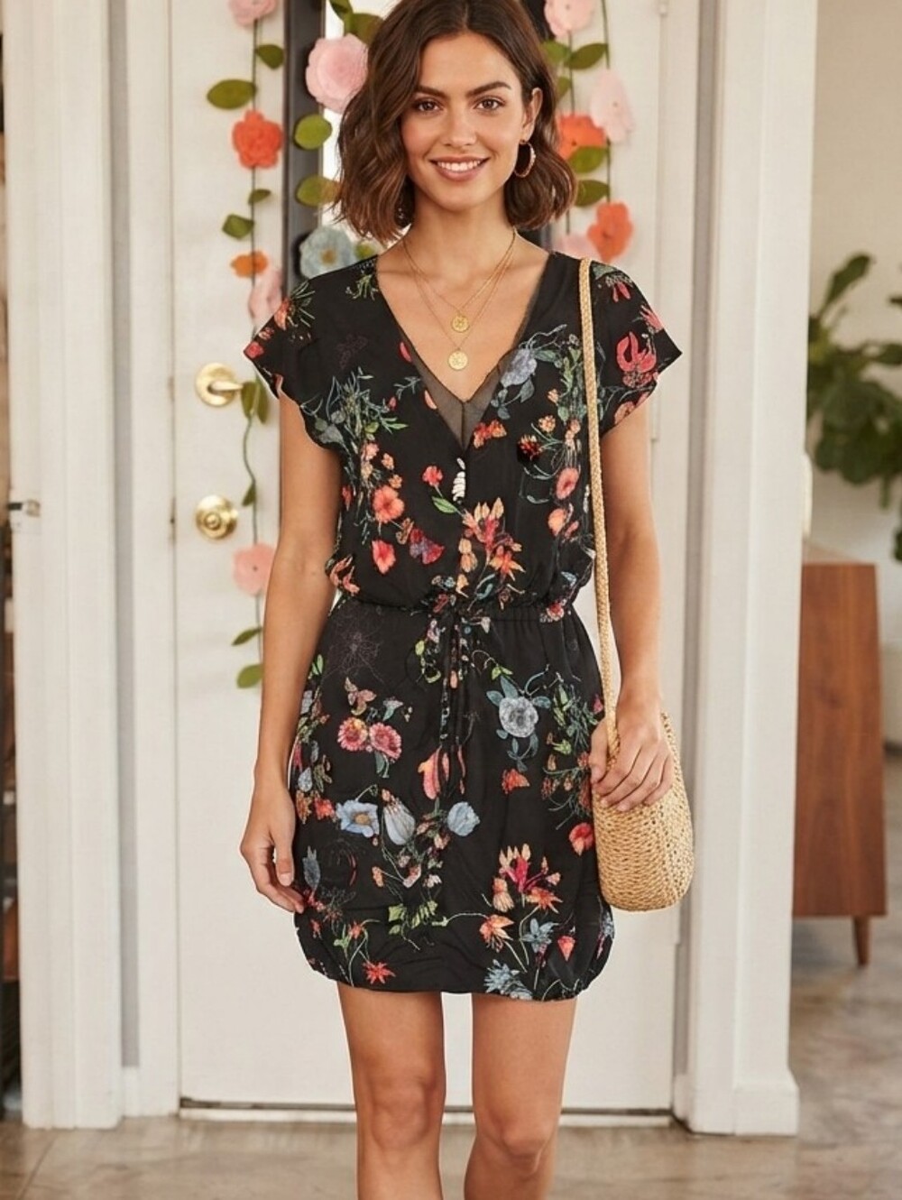 Rebecca Taylor Meadow Black Floral Silk Dress Sz 4 Multicolor